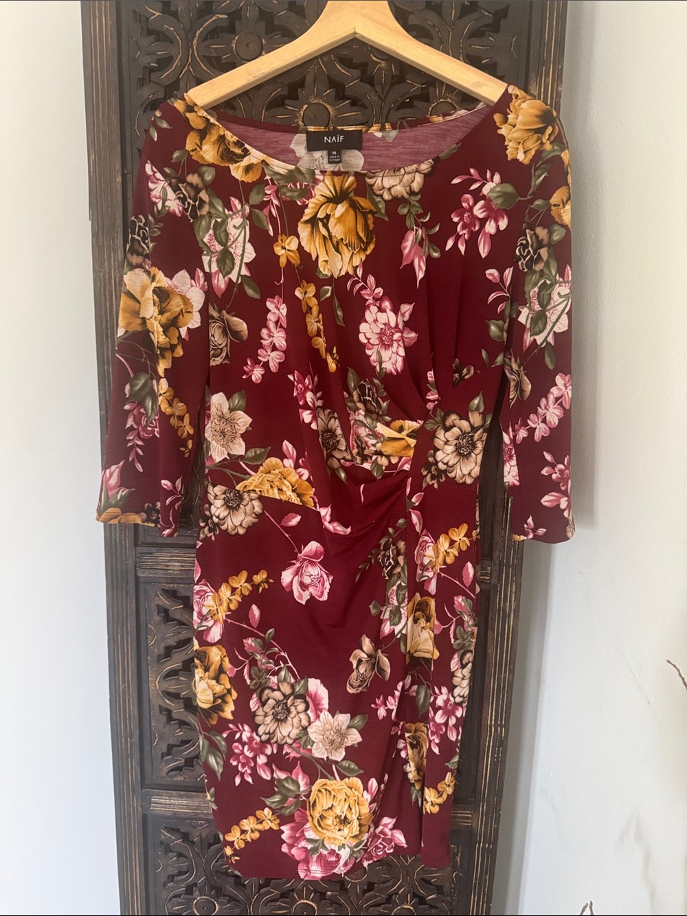 NAIF Burgundy Floral Twist-Detail Midi Dress